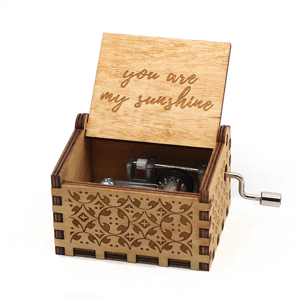 Wooden Hand Crank Music Box "Can't Help Falling in Love" Laser Engraved Vintage Gift for Valentine's Day