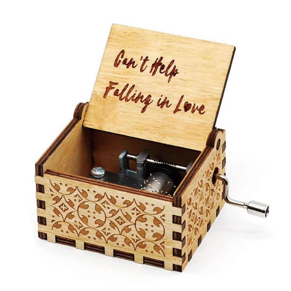 Wooden Hand Crank Music Box "Can't Help Falling in Love" Laser Engraved Vintage Gift for Valentine's Day