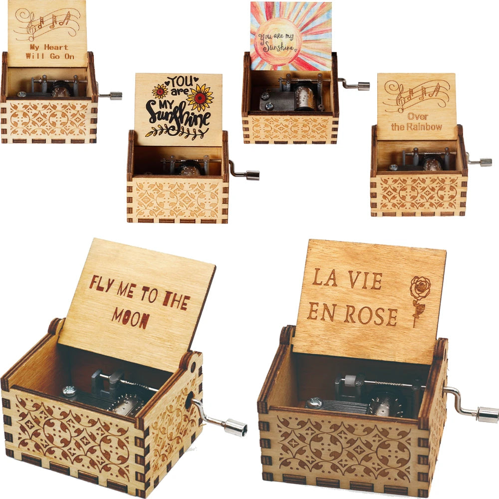 Wooden Hand Crank Music Box "Can't Help Falling in Love" Laser Engraved Vintage Gift for Valentine's Day